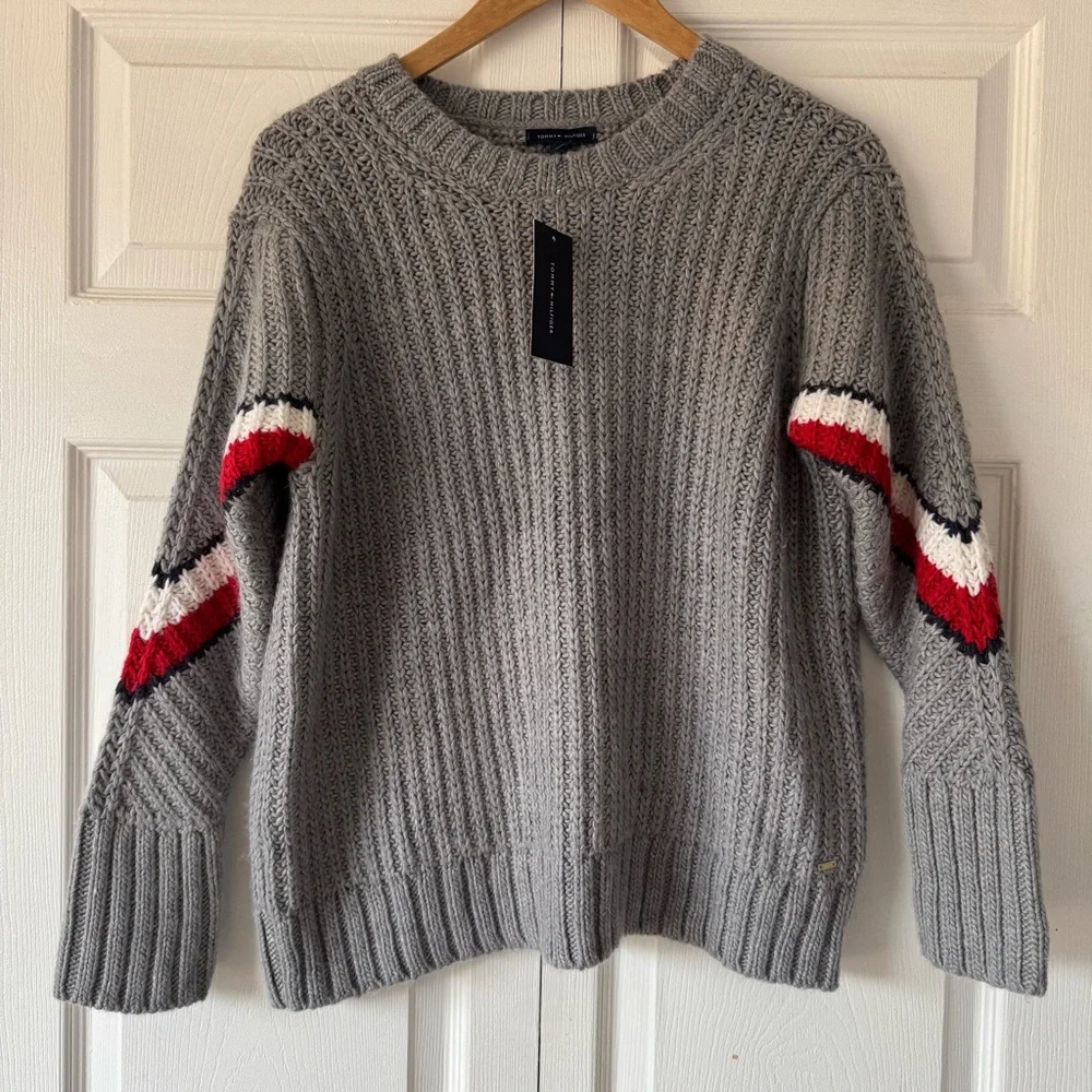 Tommy Hilfiger Gray Sweater with Red and White Stripes
